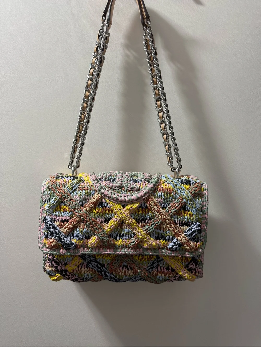 Perfect Condition Tory Burch Multicolor Raffia Crossbody with Tan Tassel